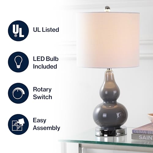 JONATHAN Y 20.5" Gray Glass Table Lamp, Modern Gourd Bedside Nightstand Lamp for Bedroom, Living Room, White Linen Shade, LED Bulb Included JYL1028A - color: Gray, size: Single