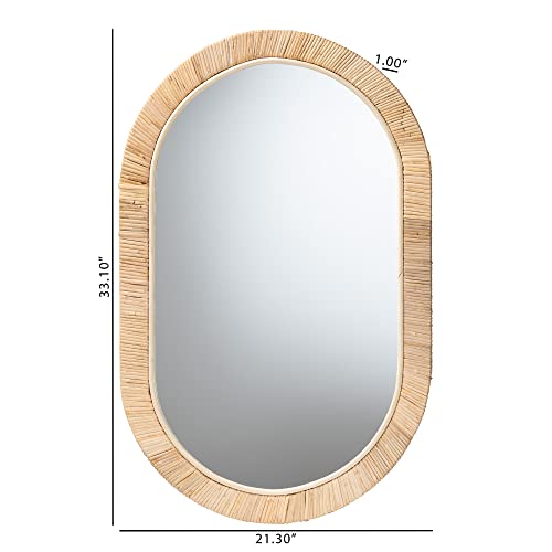 Bali & pari Bella Modern Bohemian Natural Mahogany Wood and Natural Rattan Oval Mirror