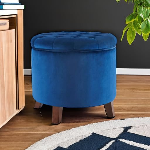 BELLEZE Modern Tufted Accent Storage Ottoman, Small Upholstered Button Circle Pouf Footstool with Lift Top, for Bedroom Living Room Vanity - Navy Blue - color: Navy Blue