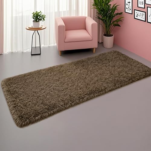 DweIke Fluffy Light Brown Runner Rugs for Bedroom, 2x6 Feet Soft Plush Long Runners for Girls Boys Kids, Non-Slip and Machine Washable Bedside Rug, Small Throw Carpet for Hallway Rooms Decor - color: Light Brown, size: 2 Ft X 6 Ft