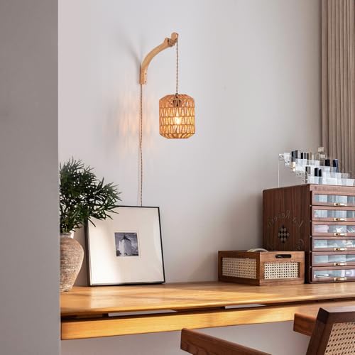 Plug in Wall Sconce,Farmhouse Wicker Wall Lamp Plug in,Hand Woven Rattan Wall Light Farmhouse Rustic Boho Sconces Wall Lighting for Living Room Bedroom - color: Rattan, size: 1 PACK