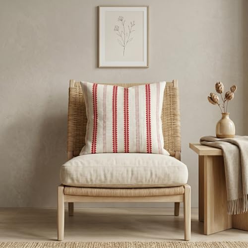 SanVia Cotton Throw Pillow Covers 20x20 – Handwoven Jacquard Texture, Fade-Resistant, No Pilling – Hidden Zipper, Decorative Cushion Cover for Sofa, Couch, Bed – Insert Not Included (Striped, White) - color: Winterberry, size: 20" x 20"