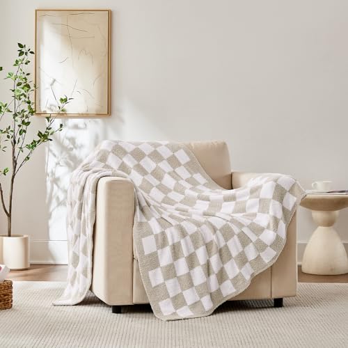 Checkered Throw Blanket, Taupe Soft Cozy Fluffy Knitted Throw Blankets for Couch, Sofa, Bed, Chair, Warm Fuzzy Travel Picnic Lightweight Plaid Blanket, 60x80 inches - color: Taupe, size: 60×80 Inch