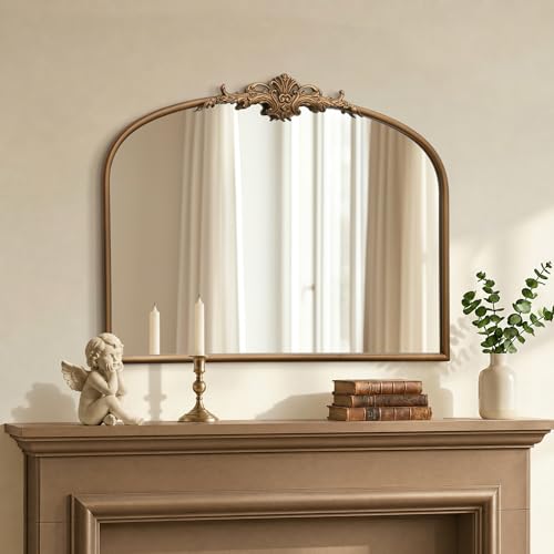 Besdomus Vintage Arched Gold Mirror: 32"x24" French Large Gold Vintage Wall Mirror - Baroque Traditional Ornate for Bedroom/Fireplace/Bathroom/Hallway - Ideal Gifts for Housewarming/Birthday - color: Brass Gold, size: 24"L x 32"W