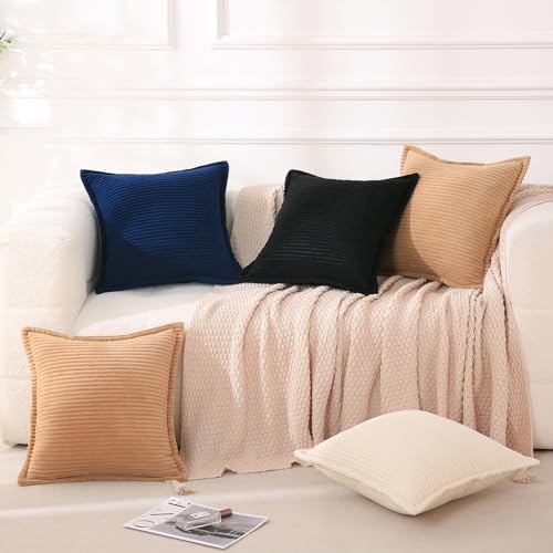 Corduroy Black Throw Pillow Covers Set of 2 Striped Boho Decorative with Edge Design,Super Soft Throw Pillow Cushion Covers for Couch Sofa Living Room Solid Square 18×18inch/45cm×45cm - color: Black, size: 18" x 18" (Pack of 2)
