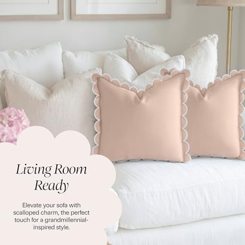 BEBE BASK Scalloped Pillow Cover - Set of 2-18 x 18 Inch - Scallop Pillow Covers – Peach Pink Scalloped Pillows - Scallop Pillows - 100% Cotton - Grandmillennial Style (Peach Pink/White) - color: Peach Pink/White