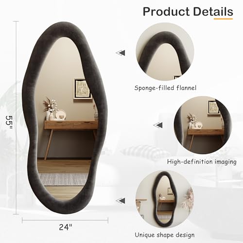 Honyee 55" x 24" Wavy Mirror, Flannel Wrapped Wooden Frame, Irregular Hanging for Cloakroom/Bedroom/Living Room, Black - color: Black, size: 55"L x 24"W