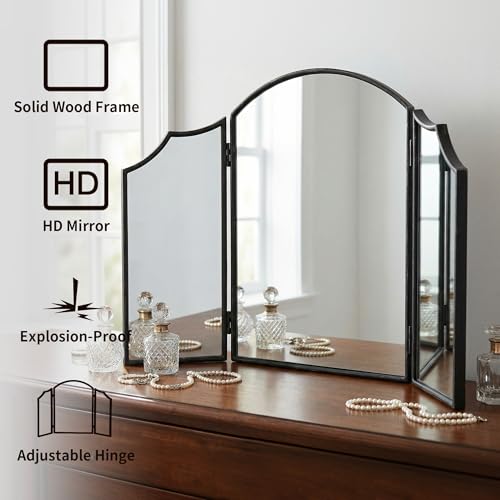 Besdomus Black Scalloped Dresser Mirror: 36"x24" Large Modern 3 Way Trifold Vanity Miror - Minimalist Wood Frame Three Sided for Bedroom/Cloakroom/Dressing Room - Home Decor for Housewife - color: Black, size: 24"L x 36"W