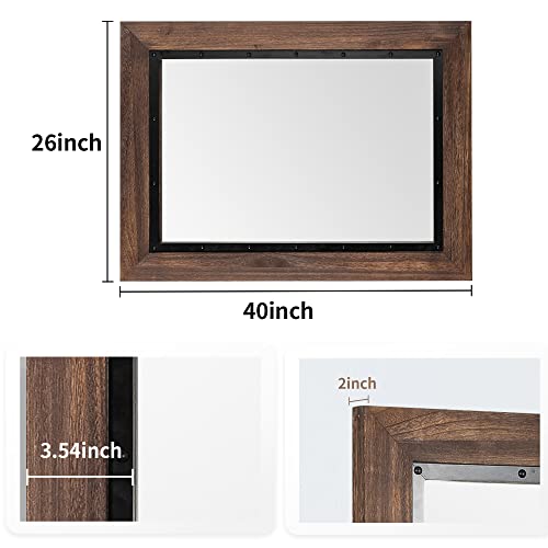 YOSHOOT Rustic Wooden Framed Wall Mirror, 40"x26", Natural Wood and Iron Bathroom Vanity Mirror for Farmhouse Decor, Vertical or Horizontal Hanging - color: Brown, size: 40"L x 26"W