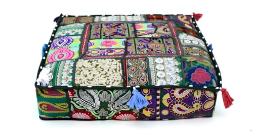 CRAFT KALA Indian Square Patchwork Traditional Pouf Cover Indian Living Room Poufs Decorative Embroidered Designer Ottoman Home Footstool Chair Cover Decor Pillow Cover 18x18x5 inches, Light Green - color: Light Green, size: 18"D x 18"W x 5"H