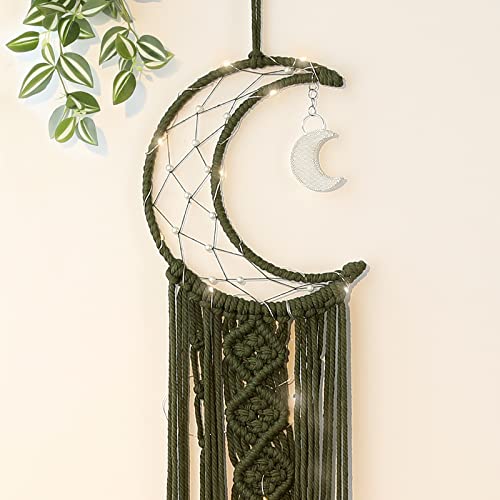 Boho Macrame Woven Wall Hanging for Kids, Crochet Crescent Moon Star Dream Catcher with Long Tasselt, Olive Cotton Handmade Bohemian Home Decor Decoration for Nursery Bedroom Dorm Room - color: Olive Green, size: Without Light