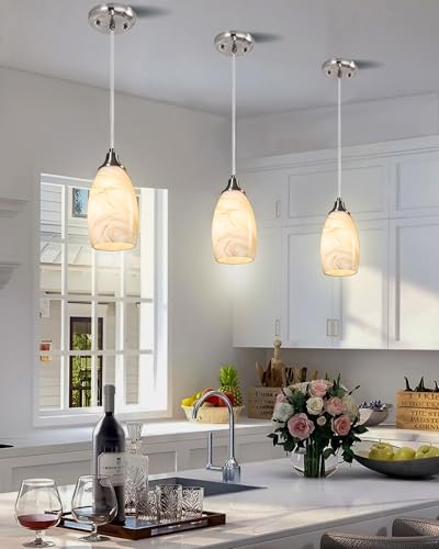 karyfine Mini Pendant Lights Kitchen Island Beige Marble Glass Lamp Shade Hand Blown Glass Pendant Light with Brush Nickel Finish Adjustable Cord for Kitchen Over Sink Hallway,Dining Room - color: Brown Marble-1Pack