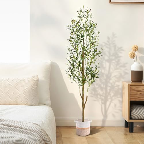 Waipfaru Artificial Olive Tree, 6FT Tall Faux Olive Trees with Planter & Basket, Artificial Plants Indoor with Natural Wood Trunk and Realistic Fruits for Home Decor Office Living Room