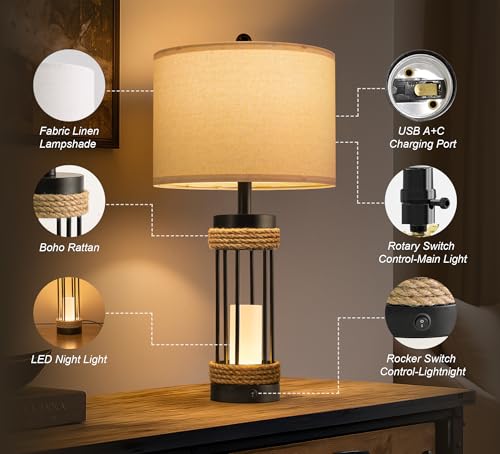 OYEARS 25" Table Lamps Set of 2 with Night Light, Rustic Bedside Lamps with USB C+A Charging Ports, Black Metal Lamp with Rope Accent and Frosted Glass, Farmhouse Lamps for Living Room Bedroom - color: Farmhouse Black