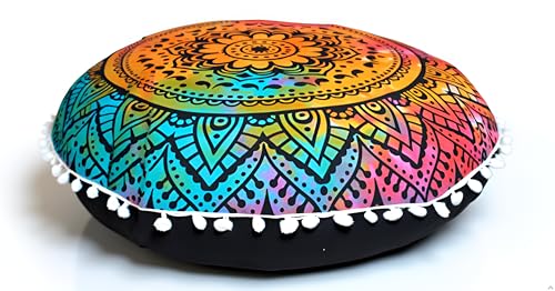 Round Mandala Floor Pillow Cover Seating Cushion Throw Cover Hippie Decorative Bohemian Ottoman Pouf Cover, Pom Pom Pillow Cases,Boho Indian 22 Inches (Multi Flower) - color: Multi Flower