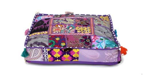 CRAFT KALA Indian Square Patchwork Traditional Pouf Cover Indian Living Room Poufs Decorative Embroidered Designer Ottoman Home Living Footstool Chair Cover Decor Pillow Cover 18x18x5 inches, Purple - color: Purple, size: 18"D x 18"W x 5"H