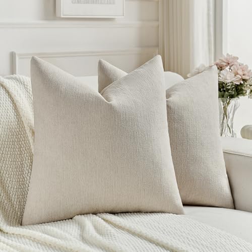 FUTEI Pack of 2 Chenille Decorative Throw Pillow Covers 16x16 Inch,Soft Cozy Faux Linen Textured Cushion Case,Farmhouse Home Decor for Couch Living Room,Beige - color: Beige, size: 16" x 16" (Pack of 2)