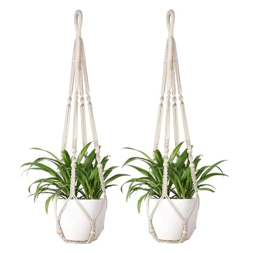 2 Pack Handmade Macrame Plant Hanger - Indoor Hanging Planter Basket with Wood Beads, Cotton Rope, No Tassels, for Boho Home Decor, 35 Inch, Ivory, (Pots NOT Included) - color: White