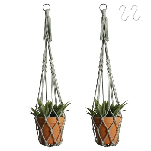 Artilady Macrame Hanging Planter for Indoor Plants, Boho Woven Plant Hanger Large Hanging Flower Pot Holders Outdoor Baskets Storage No Tassels Sage Green Wall Decor (Sage Green-2pcs) - color: Sage Green-2pcs