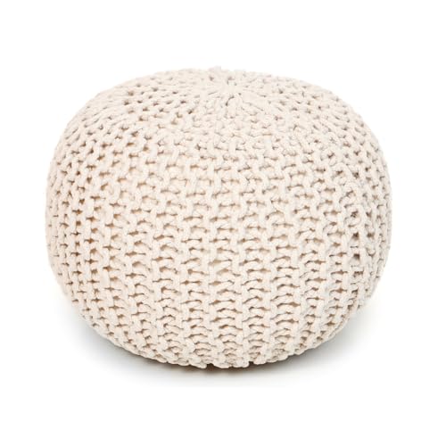 · REDEARTH · Round Pouf Ottoman - Cable Knitted Boho Poof - Home Décor Cord Pouffe Handmade Circular Footrest for Living Room - Bedroom - Kids Bedroom - 100% Cotton Pouf (19.5"x19.5"x14") - Natural - color: Ivory, size: 19.5"D x 19.5"W x 14"H