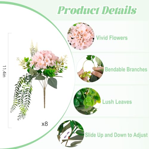 Ammyoo Artificial Hydrangea Flowers Silk Pink Fake Flower with Eucalyptus for Outdoor Decorations UV Resistant Realistic Faux Plants for Garden Porch Window Box Indoor Bathroom Dining Table Decor - color: Light Pink