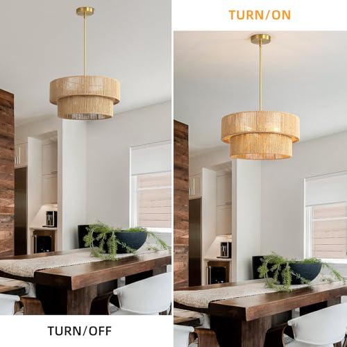 18'' Boho Rattan Chandelier Hand Woven Chandelier Light Fixture 3-Light Farmhouse Drum Pendant Light for Dining Room Bedroom Kitchen Hallway Foyer - color: 18" Rattan Gold