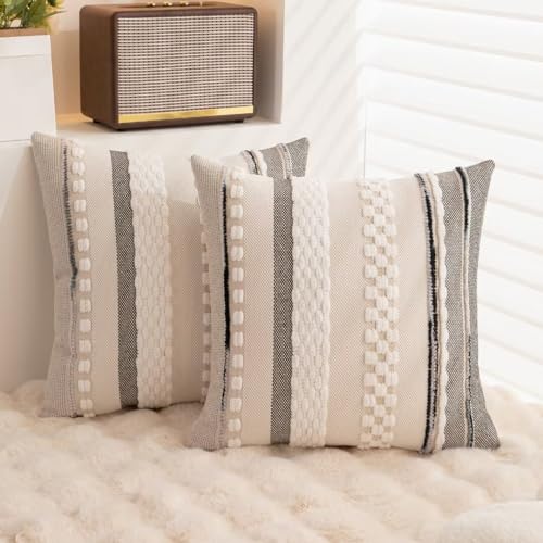 Boho Throw Pillow Covers 18x18 Set of 2 Farmhouse Decorative Cushion Case Striped Square Pillows Cover Chenille Pillow Cases Accent Neutral Pillowcase for Sofa Couch Bed,White - color: White Stripe