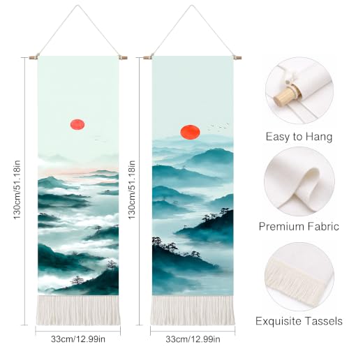 seewan 2 Pack Long Vertical Wall Tapestry, Boho Nature Landscape & Floral Aesthetic Wall Hanging for Bedroom Living Room Home Decor, Long Narrow Art Tapestry with Sunrise Mountain Botanical Designs, 13" × 51" (Blue Ridge Sunrise, 13"Wx51"H, Unframed) - co
