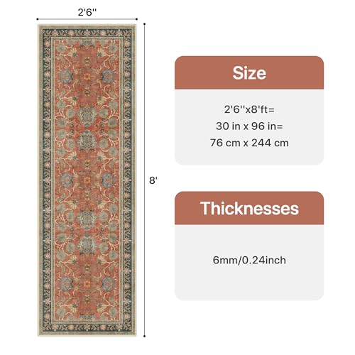 Bavni 2'6''x8' Washable Runner Rug Non Slip, Vintage Distressed Accent Hallway Runner, Low Pile Coral Blue Carpet Stain Resistant, Non Slip Floral Rugs for Kitchen, Entryway, Bedroom, Laundry, Nursery - color: Coral Blue, size: 2'6" x 8' (Rectangular)