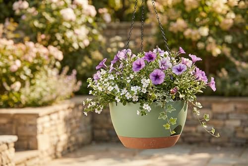 Hanging Planters 3-Pack, 8 Inch Self-Watering Hanging Pots with Drainage Hole and Chains, Plastic Planters for Indoor Outdoor（Green Brown） - color: Green Brown, size: 8 inches