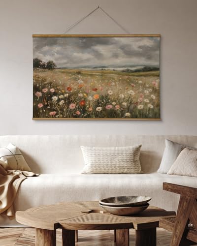 ARPEOTCY Extra Large Vintage Framed Wall Art, 36x54 Inch Colorful Wild Flowers Landscape Hanging Framed Wall Art Decor for Living Room Bedroom Office, Retro Rustic Home Decor Aesthetic - color: Sunny Flower Field