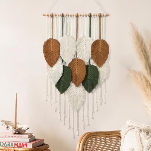 KHOYIME Macrame Wall Hanging Leaves Woven Tapestry, Boho Chic Home Decor Modern Bohemian Handmade Leaf Feather Wall Art Decorations for Apartment Dorm Living Room Bedroom Nursery Backdrop 16.5"x29.5" - color: 16.5"W x 29.5"L