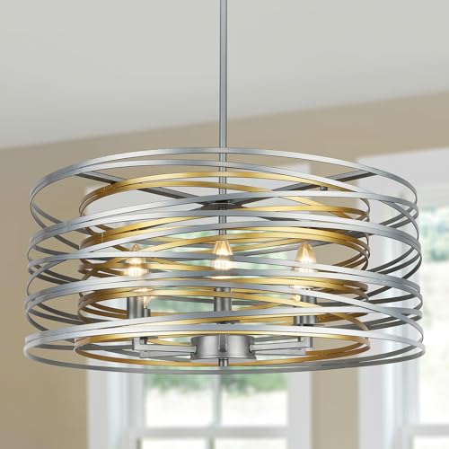 ACNKTZ 23.6'' Large Vintage Round Chandelier, 6-Light Modern Farmhouse Lantern Chandelier, Antique Double Drum Chandelier for Dining Room Entryway Kitchen Island Foyer, Silver with Gold Interior - color: Silver with Gold Interior, size: 23.6"/6-Light