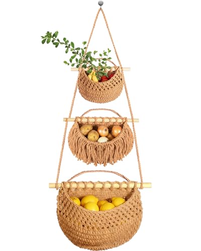 3 Tier Hanging Fruit Basket, Jute Wall Baskets Removable, Portable Produce Baskets for Organizing Fruits and Vegetables,Hanging Basket Wall Storage for Kitchen, Bathroom (Brown) - color: Brown, size: 3 Tier / Tote