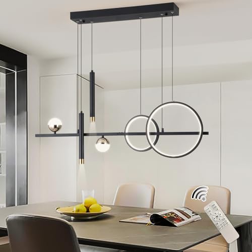 ORANOOR Modern LED Pendant Lights, Dimmable 39in Linear Wave LED Chandelier Lighting, Black & Gold Dining Room Hanging Light Fixtures Kitchen Island Globe Pendant Light for Dining Table (2705lm)
