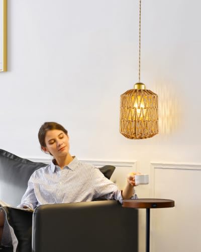 Boho Pendant Light, 6″ Hanging Lamp with Rattan Cylinder Lamp Shade, Small Wicker Pendant Lights Fixture, Rattan Chandelier Woven Pendant Lamp for Kitchen Island Dining Room Bedroom Hallway - color: 5.9″-Cylindrical