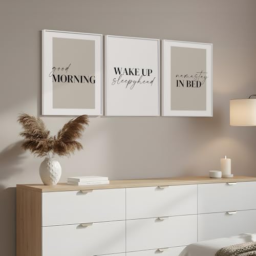 Framed Neutral 3 Piece Wall Art Master Bedroom, Minimalist Modern Painting Print Pictures Canvas Artwork for Walls, Typography Quote Good Morning Nursery Guest Room Wall Decor Above Bed, 12x16 Inch - color: Neutral