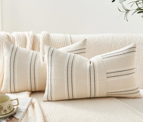 Throw Pillow Covers Set of 2 12x20 Inch Striped Pillow Covers, Soft Decorative Cotton Lumbar Neutral Grey Textured Case for Couch Sofa Bed Living Room, Home Modern Farmhouse Cute Decor - color: Grey, size: 20" x 12" (Pack of 2)