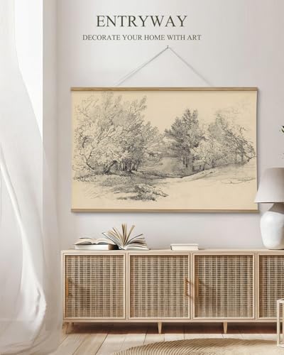ARPEOTCY Extra Large Vintage Framed Wall Art, 36x54 Inch Sketch Forest Landscape Hanging Canvas Prints, Scroll Wall Decor for Living Room Bedroom, Retro Scenery Pictures Above of Bed - color: Sketch Deep Forest