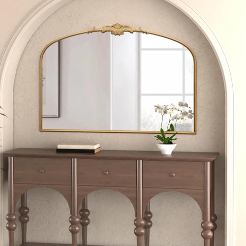 Besdomus Ornate Arched Large Mirror: 48"x33" French Oversize Gold Vintage Vanity Decorative Mirror - Baroque Traditional Antique for Fireplace/Bathroom/Living Room - Home Decor for Homemakers - color: Gleaming Gold, size: 33"L x 48"W