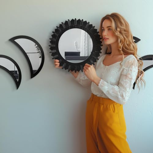 WAKOSAN Wall Mirror, Moon Phase Mirror Set, Wall Decor for Bedroom, Bohemian 5PCS Wooden and Real Glass Mirror with Crystal Clear Reflection, Boho Decor, Multi-Angle Installation (Black) - color: Black
