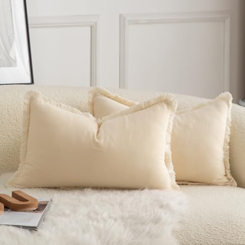 MANDIOO Set of 2 Neutral Cotton Fringe Throw Pillow Covers Decorative Boho Farmhouse Cushion Covers Cozy Tassels Pillowcase for Couch Sofa Bedroom Living Room Home Decor 12x20 Inch Beige - color: Beige, size: 20" x 12" (Pack of 2)