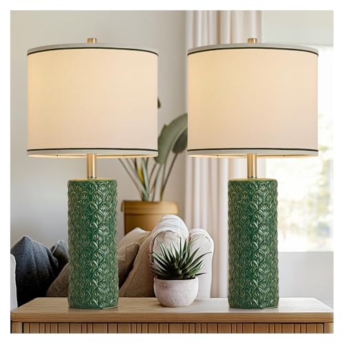 27" Farmhouse Bedside Table Lamp Set of 2, Green Modern Ceramic Lamps for Living Room, 3 Color Temperature Rustic Table Lamps for Bedroom, Night Stands, Dorm,Office, Home Décor (Bulb Included) - color: Green, size: 27"