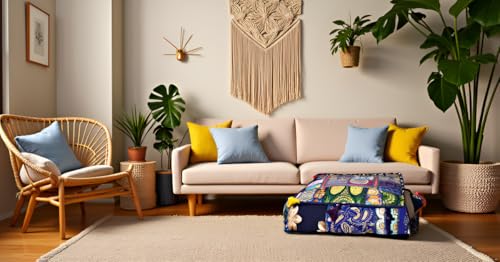 CRAFT KALA Indian Square Patchwork Traditional Pouf Cover Indian Living Room Poufs Decorative Embroidered Designer Ottoman Home Living Footstool Chair Cover Decor Pillow Cover 22x22x5 inches, Blue - color: Blue, size: 22"D x 22"W x 5"H