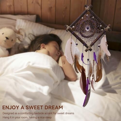 Rattan Dream Catchers with Peacock Feather, Boho Wall Decor Rustic Wooden Native American Wall Art for Bedroom Living Room (Purple Brown) - color: Purple Brown