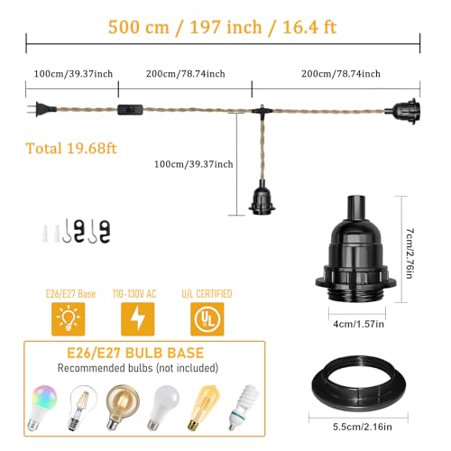 2-Light Plug in Pendant Light Cord 19.68ft Hemp Rope Pendant Lights with Plug in Cord E26 Vintage Hanging Lamp Fixtures DIY for Kitchen Island Dining Room, Bulbs NOT Included - color: 1-Pack 2-Light Hemp Rope Black