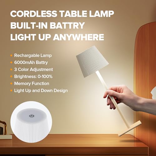 LUTEC 4 Pack Cordless Table Lamp,6000mAh Rechargeable Battery Operated Desk Lamp,Two Adjustable Heights,Waterproof, Touch Control & 3 Color Stepless Dimming for Restaurant/Bedroom/Bars/Outdoor (White) - color: White