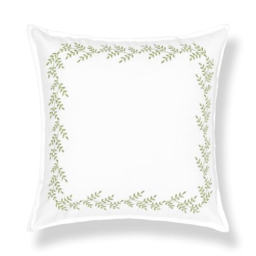 Hofdeco Premium Grandmillennial Patio Indoor Outdoor Throw Pillow Cover Only, 20"x20" Water Repellent for Backyard, Couch, Poolside, Grass Green Embroidered Leaves Frame - color: Grass Green Leaves Frame 20"x20"