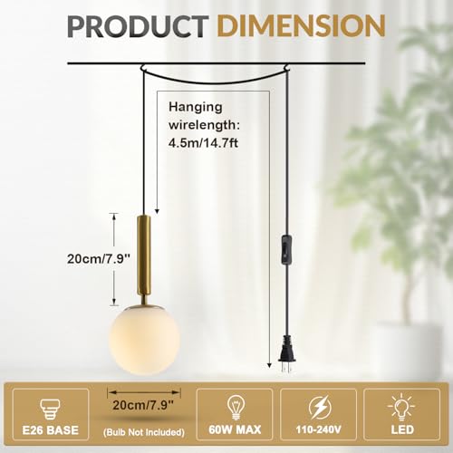 BOKT Mid Century Modern Large Gold Globe Hanging Pendant Light Plug in Brushed Brass White Glass Hanging Lamp Plug in Cord Minimalist Sphere Round Pendant Lighting (Gold-Plug in) - color: 1-Gold-Plug In
