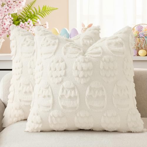 decorUhome Easter Cream White Egg Pillow Covers 16x16 Inch Set of 2, Soft Plush Faux Wool Jacquard Cushion Covers, Farmhouse Neutral Fuzzy Spring Easter Holiday Decor for Couch Sofa Bed - color: Eggs Cream White, size: 16" x 16" (Pack of 2)